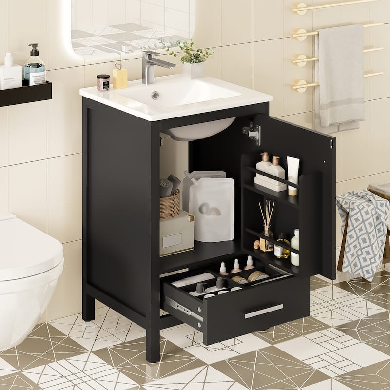 20-Inch Modern Bathroom Vanity with Ceramic Sink, Soft-Close Drawer & Door, Double-Layer Door Organizer, Divider Drawer - Black