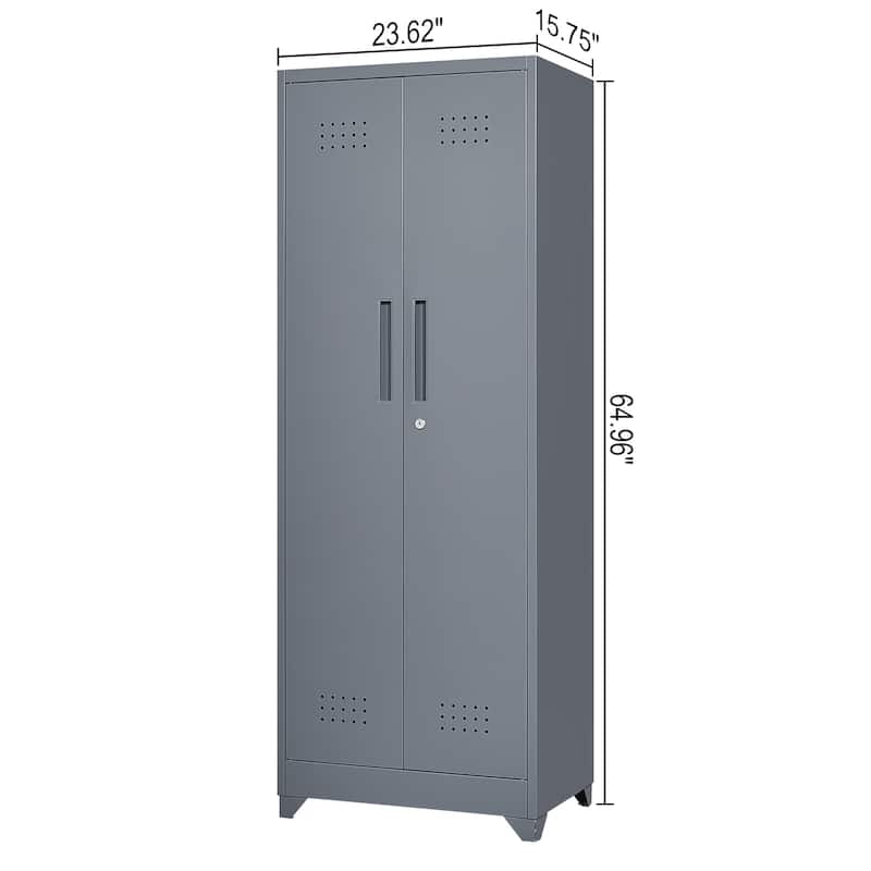 Cleaning Tool Storage Cabinet With Locking Doors And Shelves, Hanging Rod & S-Hooks