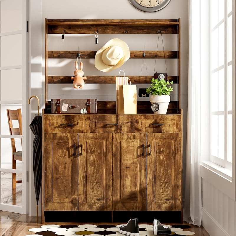 Roomfitters 51.2" Shoe Cabinet with Coat Rack, 4 Doors, 3 Drawers, 8 Shelves, Storage Organizer - Rustic Brown