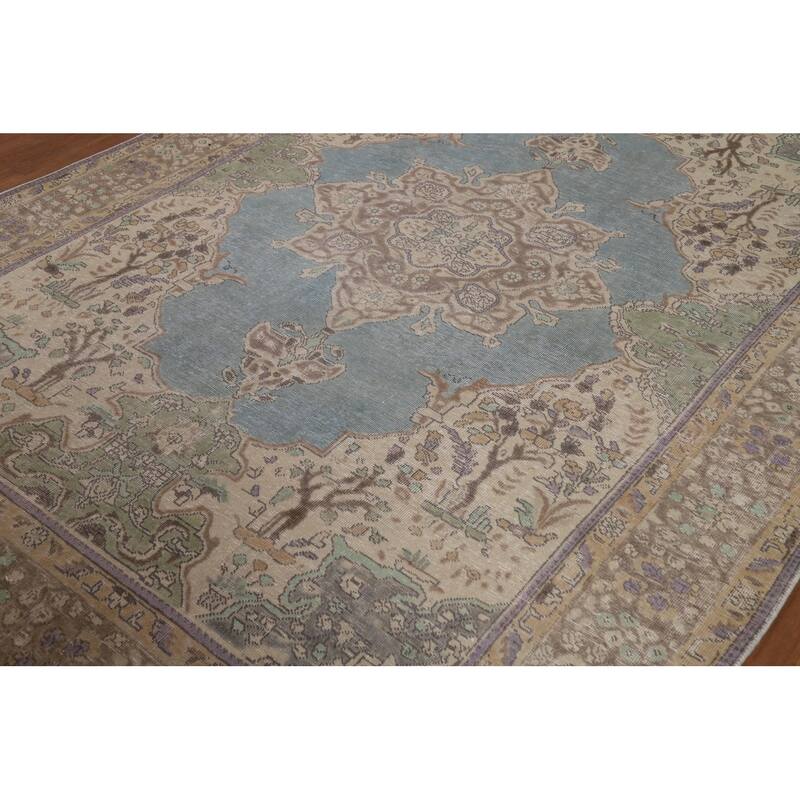 Hand Knotted Oriental 100% Wool Carpet Traditional Floral Navy Blue & Blues Tabriz Area Rug - 8' 11'' X 6' 7''