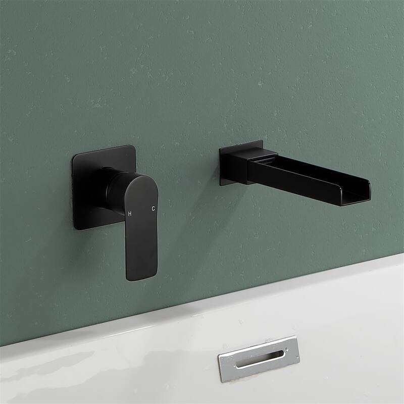Wall Mounted Tub Faucet Waterfall Modern Double Holes Bath Tub Spout with Single Handle Tub Fillers with Pressure Balance Valve - Matte Black