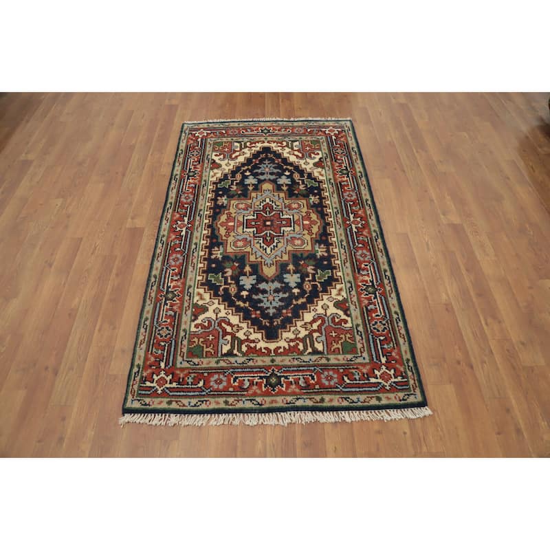 Hand Knotted Oriental 100% Wool Carpet Traditional Medallion Navy Blue & Blues Heriz (serapi) Area Rug - 5' 1'' X 3' 0''