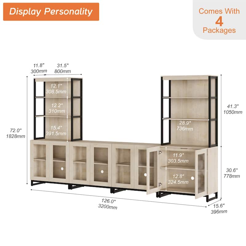 Modern 72" Tall Bookcases with Glass Doors and Adjustable Shelves, Wood Bookshelves for Home Office, Living room.