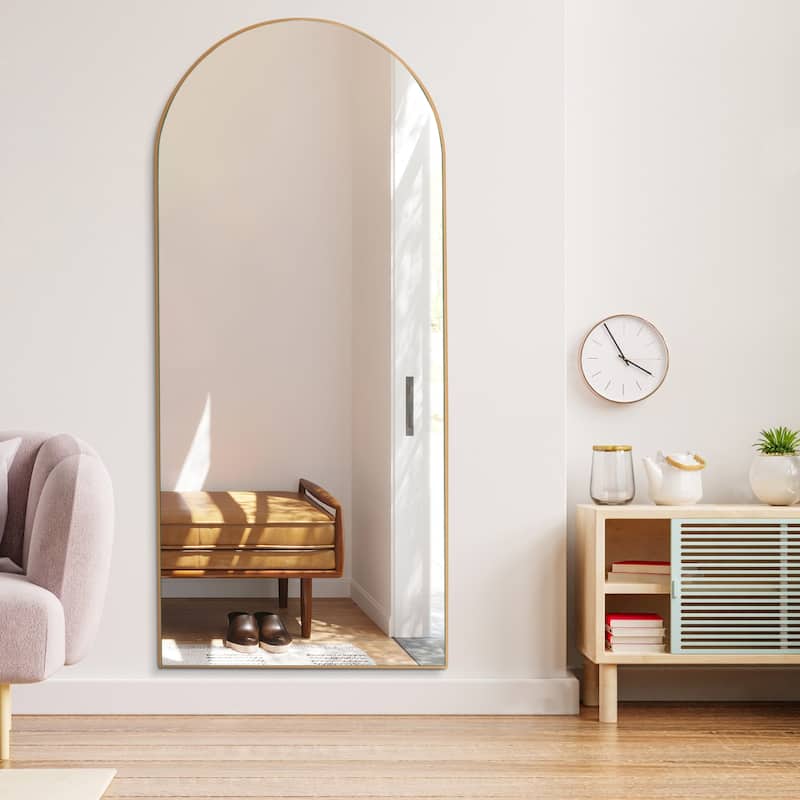 Arched Floor Mirror With Stand,Wood Frame Full Length Mirror,Wall-Mounted Mirror