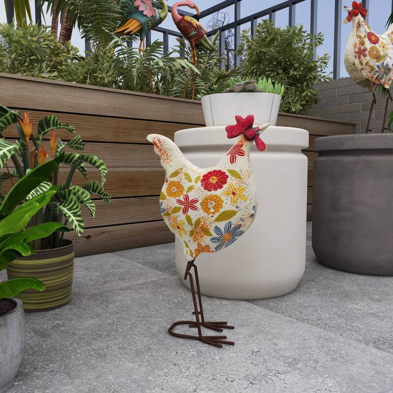 Green or Cream Metal Indoor Outdoor Distressed Standing Rooster Garden Sculpture with U Shaped Feet