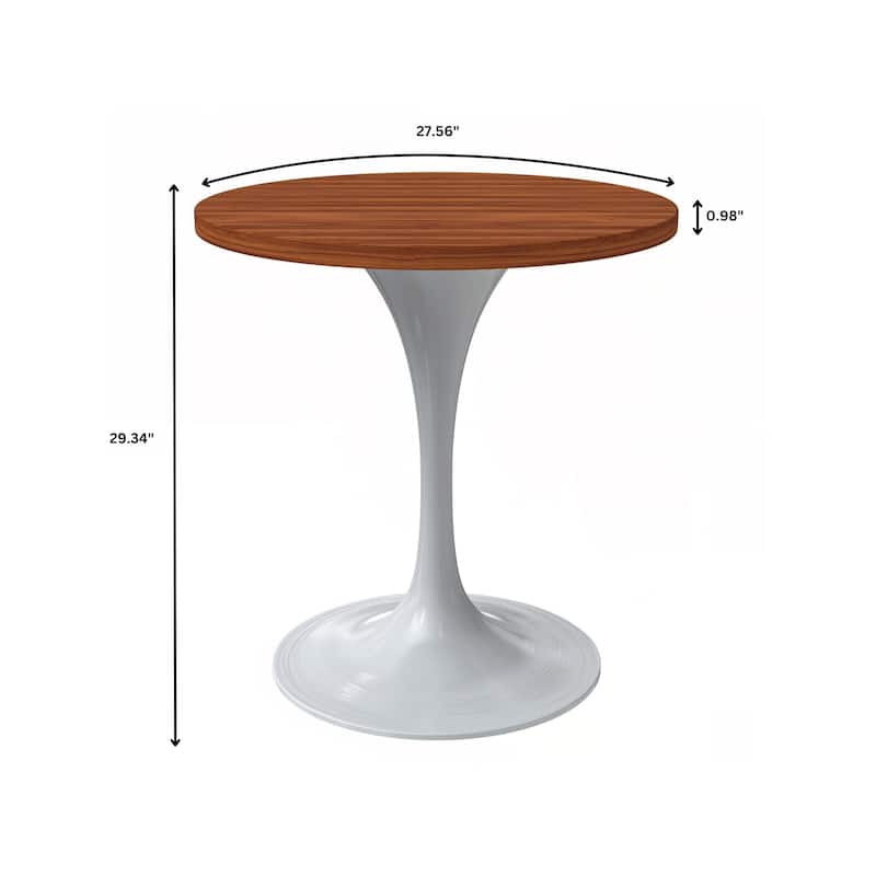 LeisureMod Verve 27" Round Dining Table with MDF Wood TableTop and White Steel Base for Kitchen & Dining Room - 27.56"