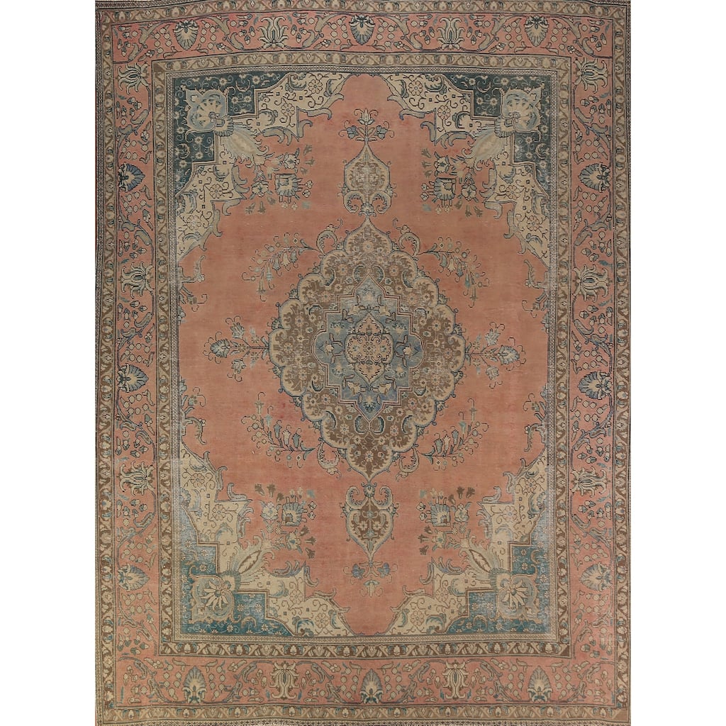 Geometric Tabriz Persian Area Rug Hand-Knotted Traditional Wool Carpet - 9'10"x 12'8"