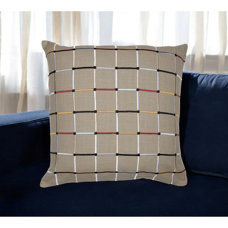 HomeRoots 20" Beige Check Cotton Blend Throw Pillow With Embroidery - Accent - Polyester