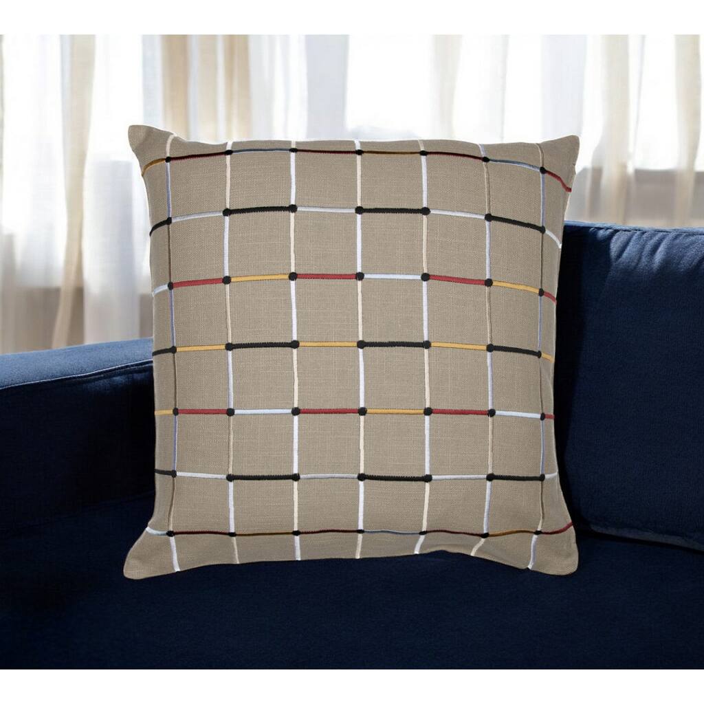 HomeRoots 20" Beige Check Cotton Blend Throw Pillow With Embroidery
