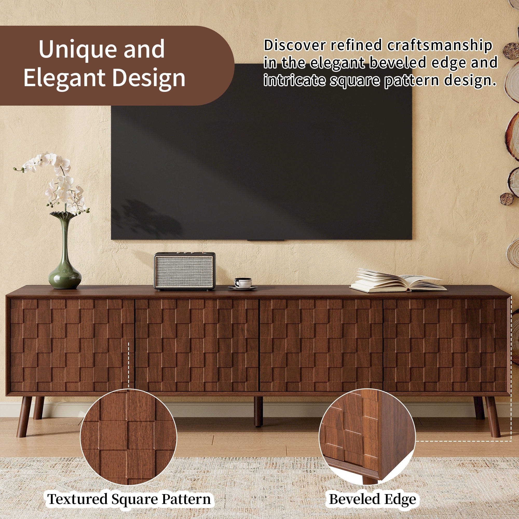 Mid-Century Modern TV Stand for TVs up to 80 inches, Media Cabinet Entertainment Center for Living Room, Walnut - 70"