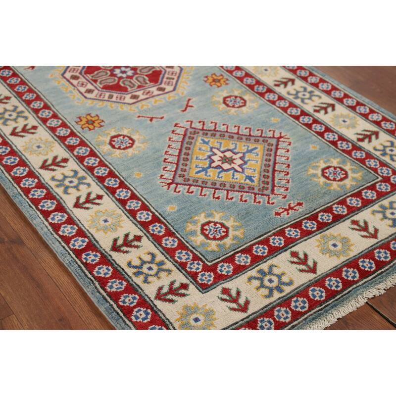 Light Blue Kazak Oriental Runner Rug Hand-Knotted Wool Carpet - 2'11" x 13'9"