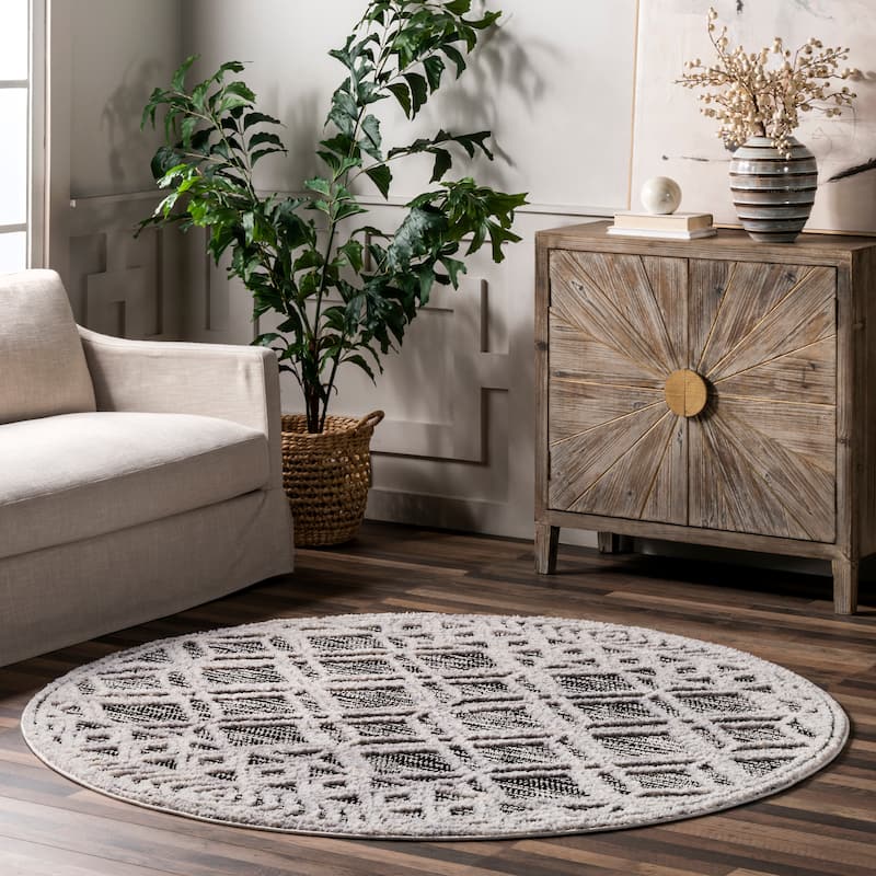 Nuloom Ansley Moroccan Lattice Tassel Area Rug - 6' Round - Grey - Round