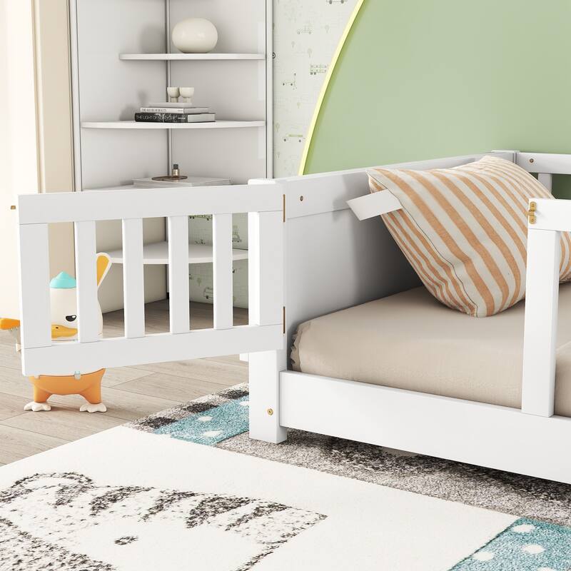 GDFStudio - Kensington Twin Floor Platform Bed with Built-in Book Storage Rack and Guardrails