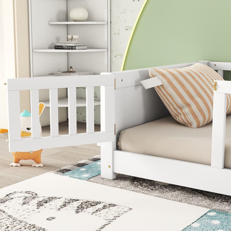 White Twin Size Pine Wood Floor Platform Bed with Built-in Book Storage Rack, Door