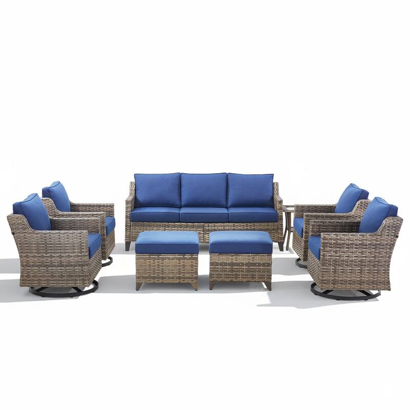 Glissia 8-Piece Gray Wicker Patio Seating Collection with Swivel Gliders and Ottomans
