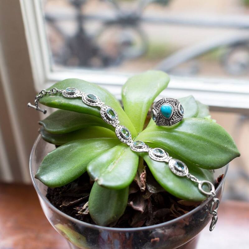 Curata 925 Sterling Silver Blue Topaz and Simulated Turquoise Ring Ornate Oxidized