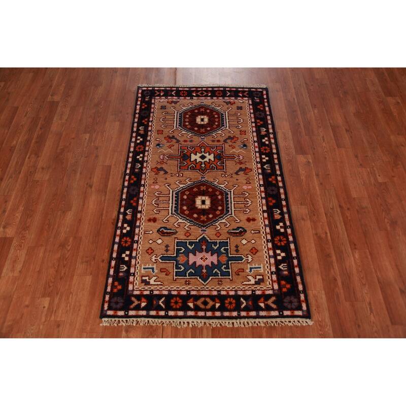 Geometric Khotan Indian Foyer Rug Handmade Wool Carpet - 2'10"x 5'0"