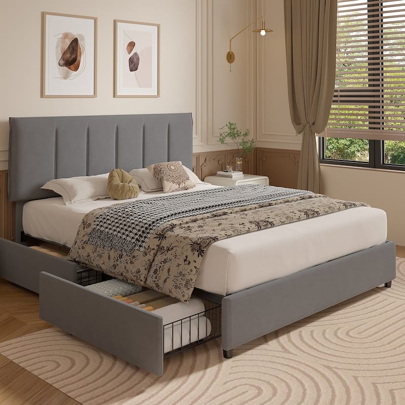 VECELO Bed Frame with 4 Storage Drawers, Upholstered Platform Bed Frame with Adjustable Headboard - Grey - Full