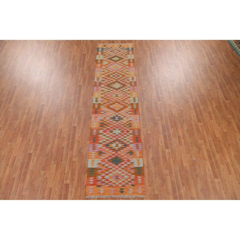 Hand Woven Oriental 100% Wool Carpet Southwestern All-Over Multi-Colored Kilim Runner Rug - 11' 6'' X 2' 10''