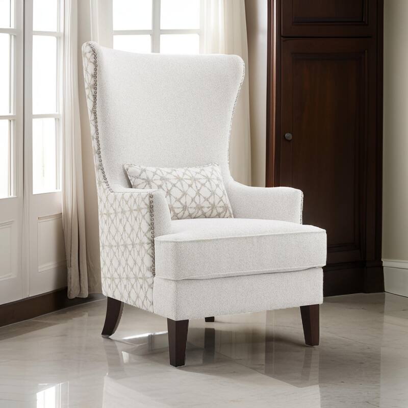 31 Inch Accent Armchair, Elegant Wingback, Rubberwood, Latte Beige Fabric
