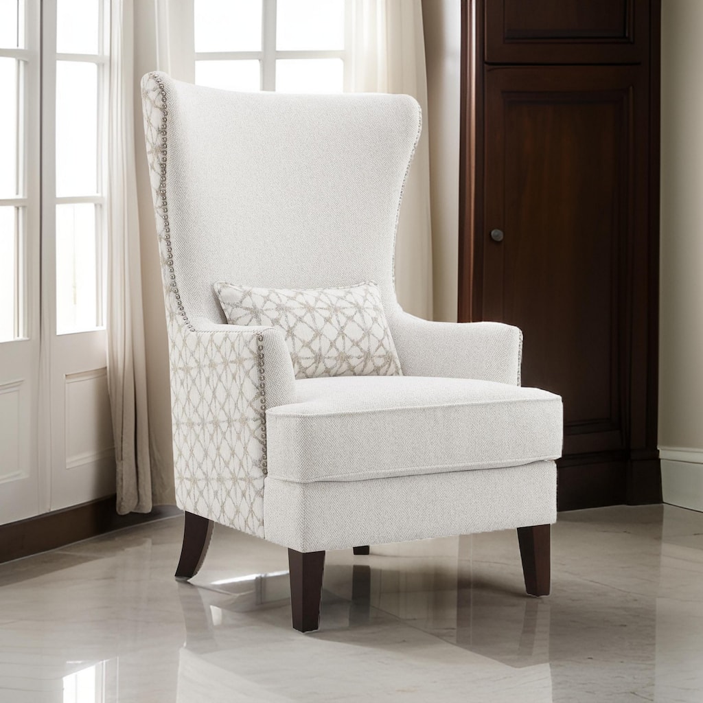 31 Inch Accent Armchair, Elegant Wingback, Rubberwood, Latte Beige Fabric