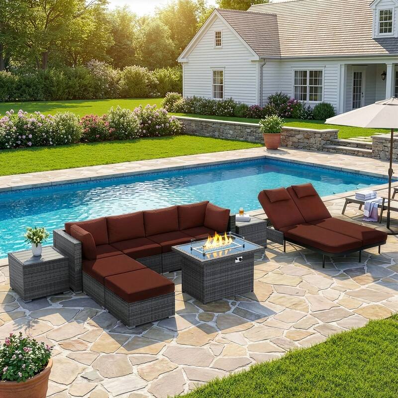 Outdoor Sectional Conversation Set PE Wicker with Double Chaise Lounge, 60,000 BTU Fire Pit Table - 10-Piece/Ottoman & Table - Red
