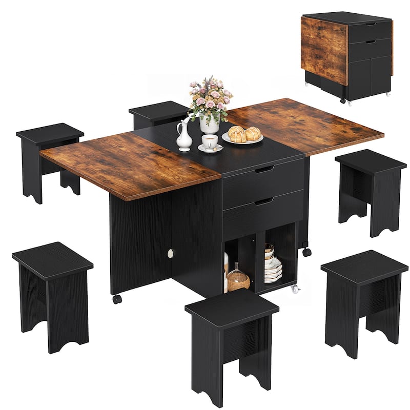 Moasis 5 Pieces 7 Pieces Folding Dining Set with Drop Leaf Table and Storage Stools for up to 6 People
