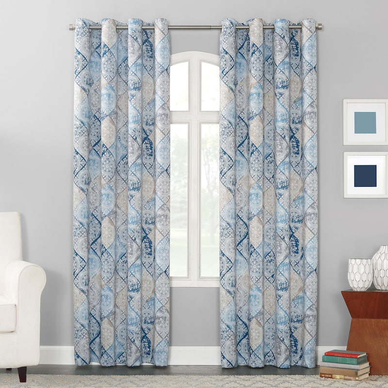Sun Zero Sahar Global Medallion Print Room Darkening Grommet 1-Piece Curtain Panel, Single Panel - 54x63 - Indigo