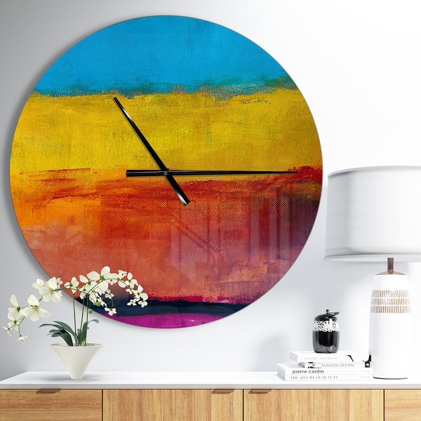 slide 2 of 10, Designart 'Yellow Blue Orange in Abstract Painting background' Oversized Modern Wall CLock 23 in. wide x 23 in. high