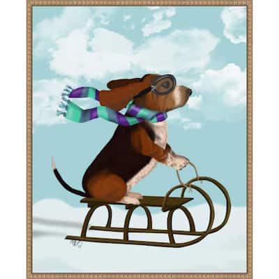 Basset Hound Sledging by Fab Funky (23 x 28 in.), Framed Canvas Wall Art Print - Sylvie Beaded Rustic Natural