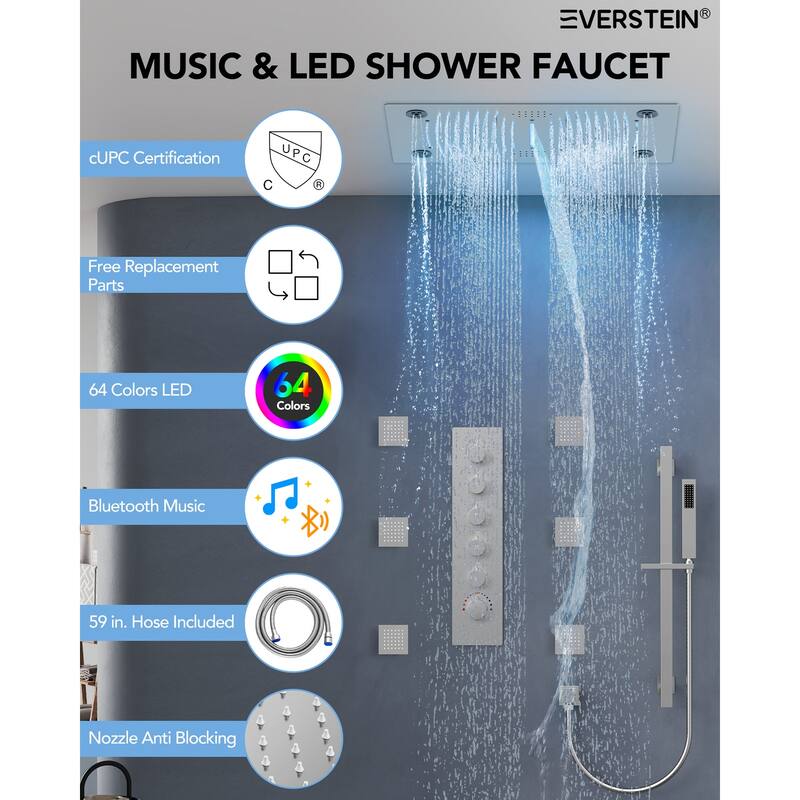 Thermostatic Shower System, 64-Color LED Mood Lighting 3-Functions Shower Head with Bluetooth Music & 6 Body Jets