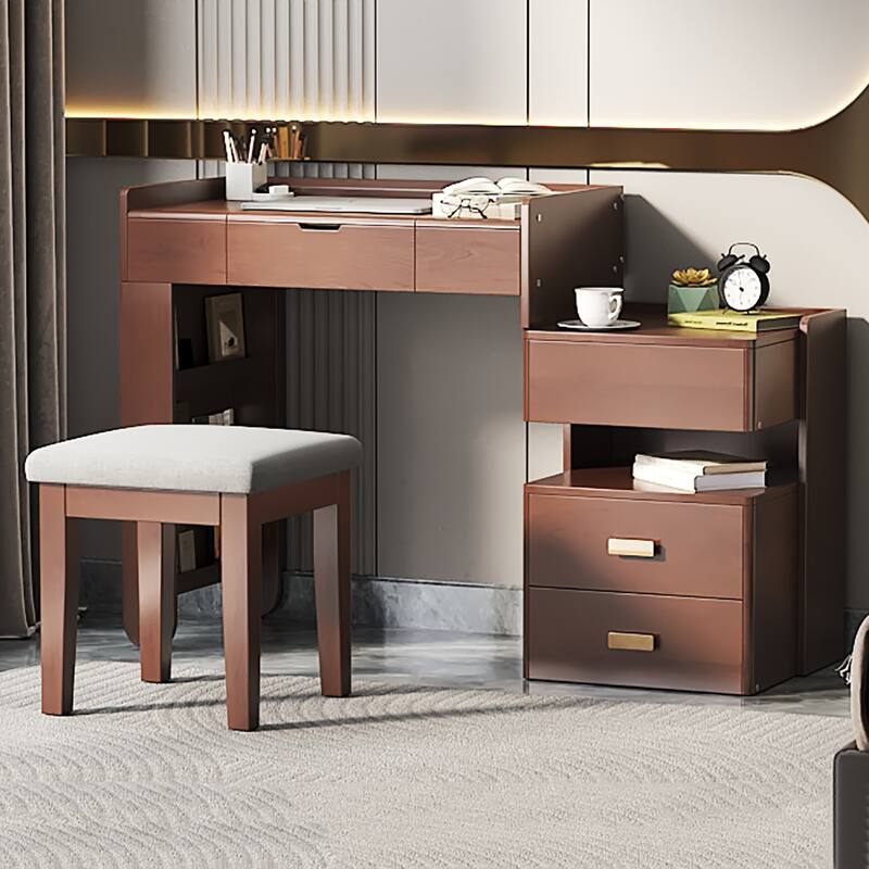 3-in-1 Makeup Vanity Desk with Stool, Flip-Top Mirror, Adjustable 3 Colors Lighting & Retractable Side Cabinet