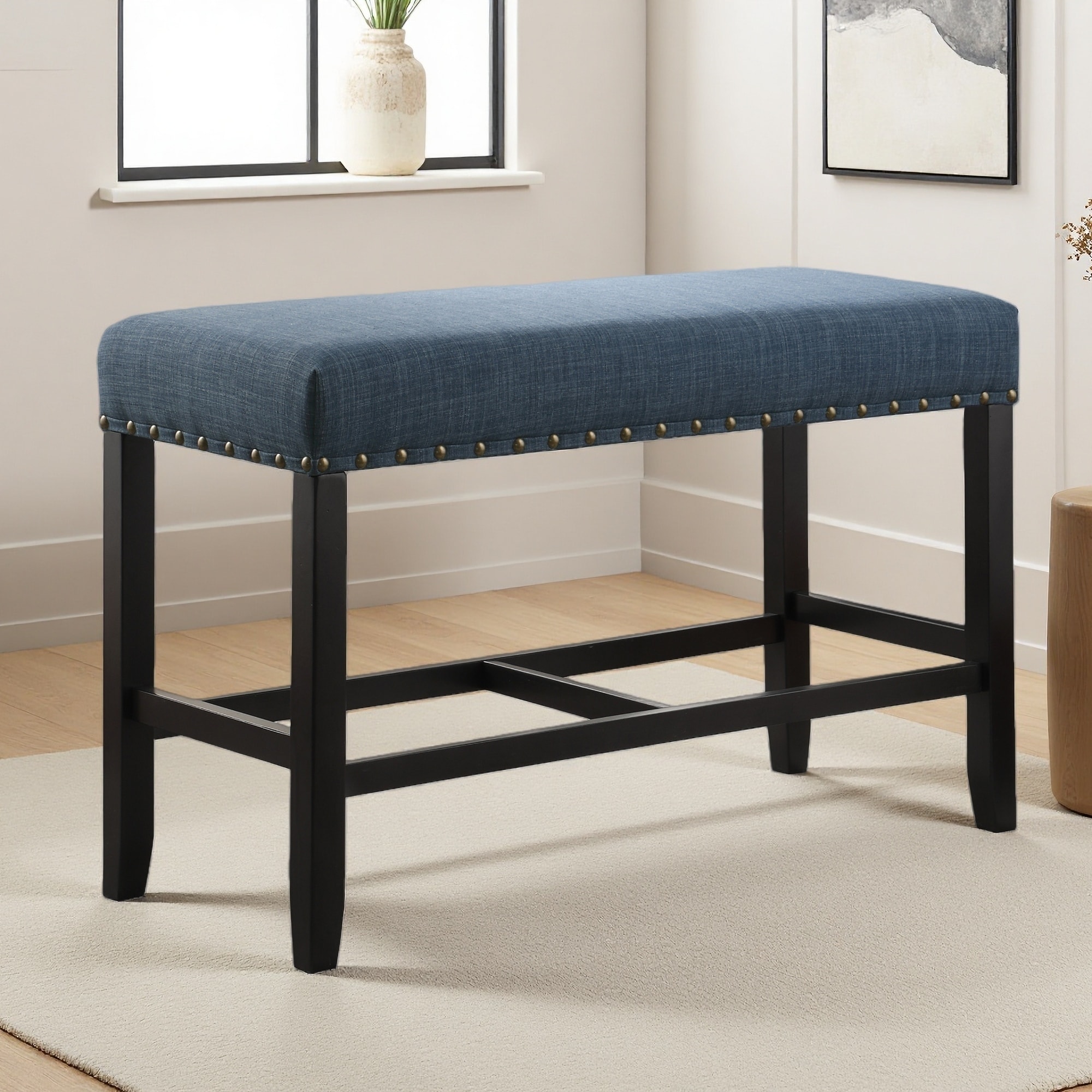 41"L Fabric Counter Height Dining Bench, Linen & Cotton, Nailhead Trim