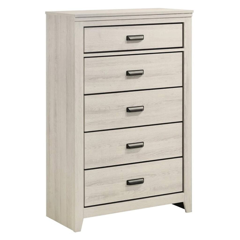 Lei Bedroom Tall Dresser Chest with 5 Drawers, Distressed White Wood