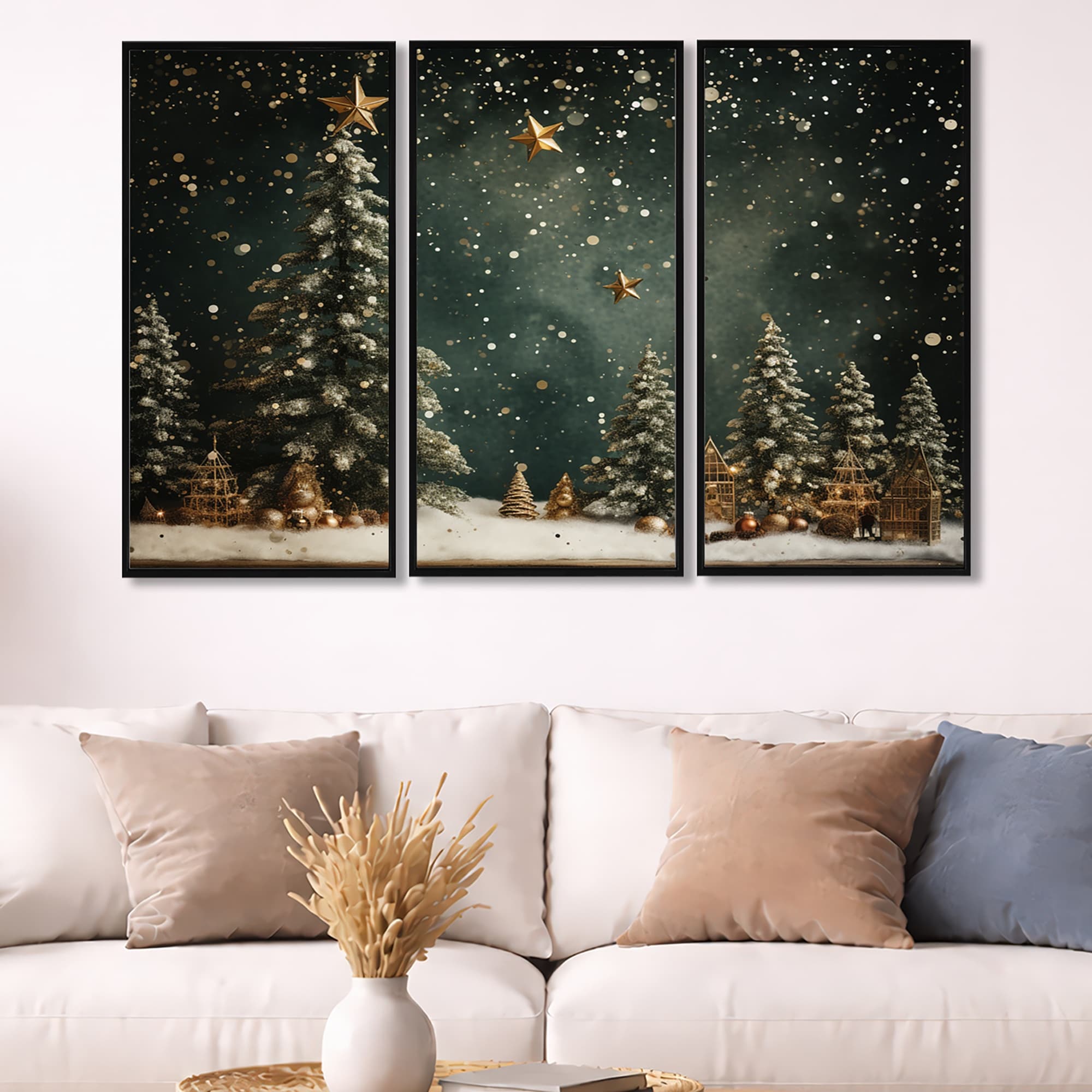 Designart "Green Christmas Pine Tree Decor" Tree Pine Framed Art Set of 3 - Traditional Green Wall Art Decor 3 Pieces