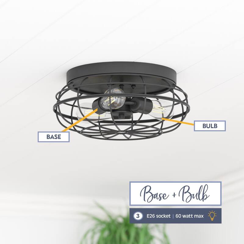 Prominence Home Lincoln Woods Matte Black Industrial Flushmount Light Fixture, Wire Cage Flushmount