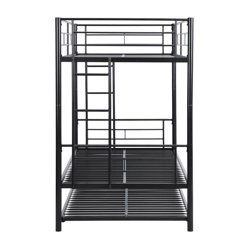 Black Twin over Twin Size Metal Bunk Bed with trundle, Ladder and Fence for Bedroom