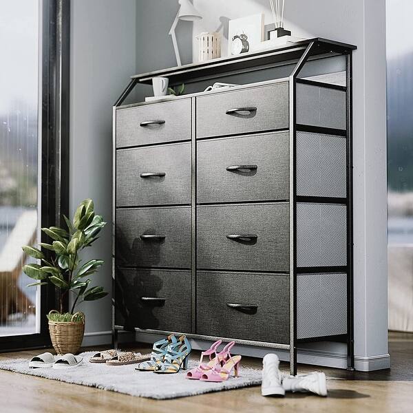 fabric dresser Flash Furniture 5 Drawer Wood Top Cast Vertical Storage Dresser, Dark Gray Drawers, Black Drawer Chest Vertical Storage Tower Tall Dresser with Drawers,Fabric &