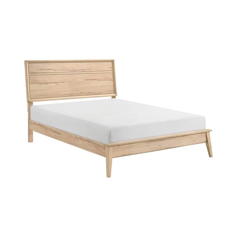 Mid-Century Modern Queen Bed in Natural Oak Finish, Includes Headboard, Footboard, and Rails