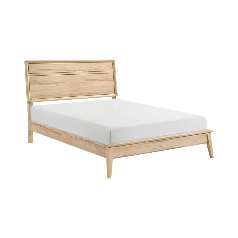 Queen Size Natural Oak Wooden Platform Bed Frame with Mid-Century Modern Design