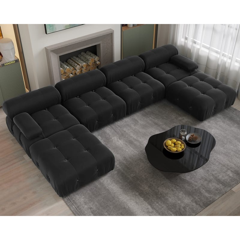138" Convertible Modular Sectional Sofa, U-Shaped Minimalist Velvet Sofas Couches - Black