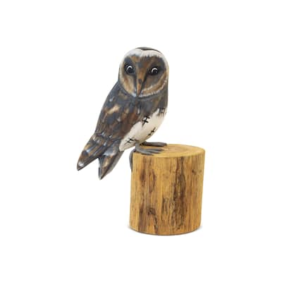 10" Wooden Hand Carved Barn Owl Standing on Log Statue Bird Figurine Sculpture Home Decor Accent Handcrafted Decoration Handmade