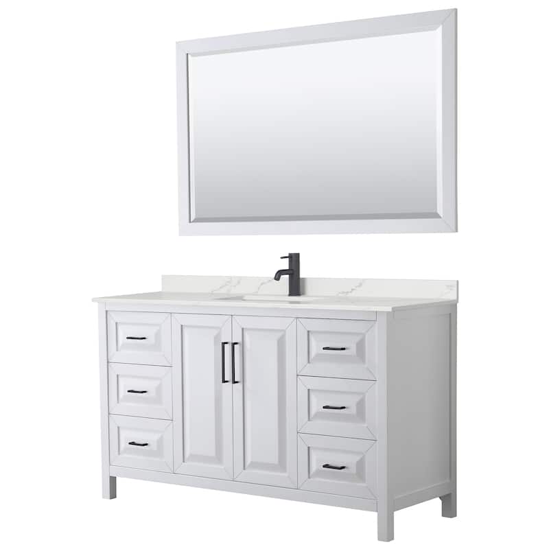 Daria 60-inch Single Vanity, Single Hole Quartz Top, 58-inch Mirror - White, Black Trim, Giotto Quartz Top