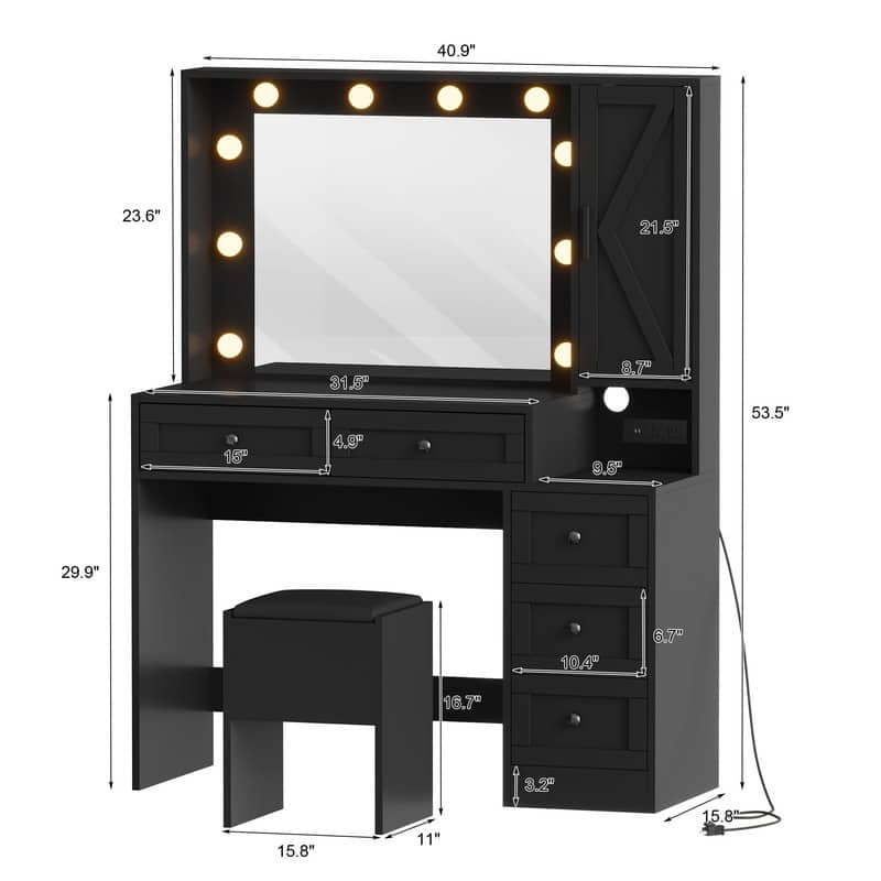 Lighted Makeup Vanity Desk with 10 LED Lights, 3 Colors, Charging Station & Stool