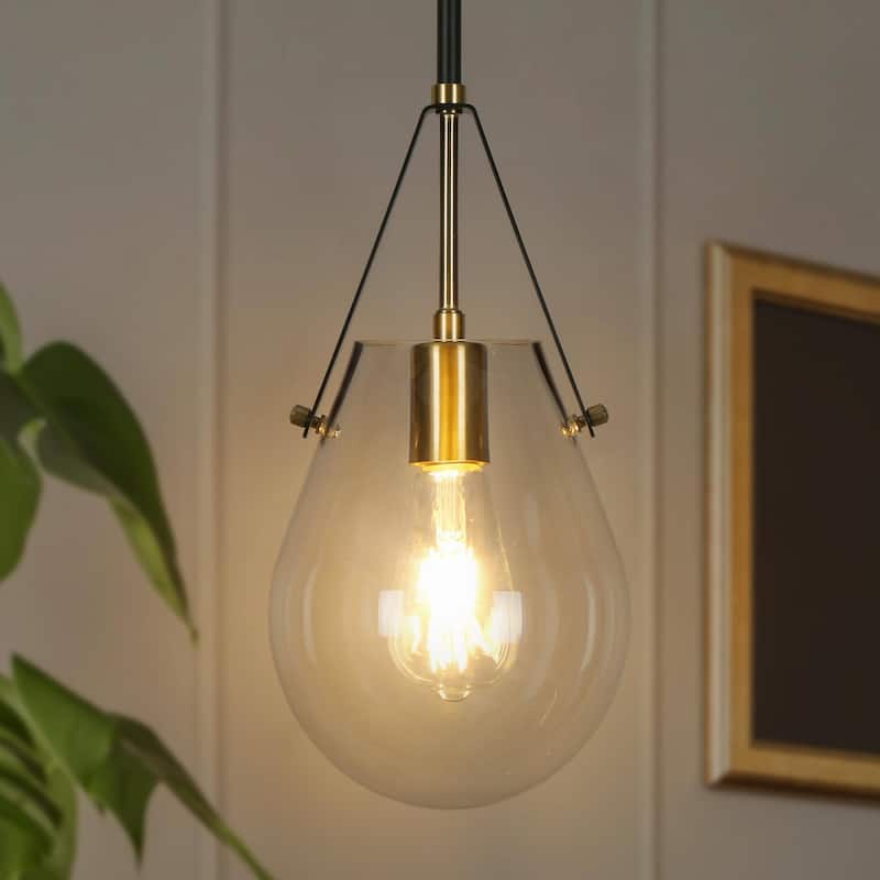 Cavitt Modern Contemporary 1-Light Mini Pendant Light Gold Tear Drop Unique Glass Kitchen Lighting - D 6.7" x H 74.1"