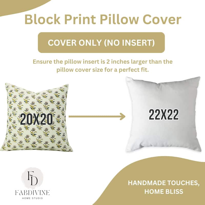 Fabdivine Hand Block Print Pillowcase in Cotton for Hotel Floral Cushion Cover Farmhouse Throw Décor, Coastal Tulip