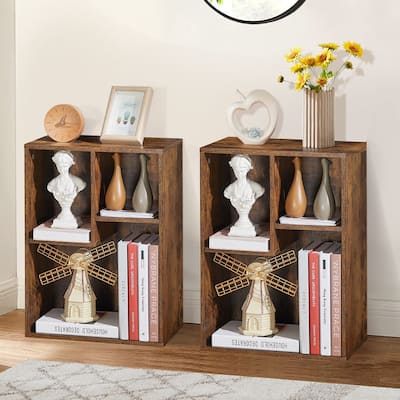 VECELO Widened Version，(Set of 2)2-Tier Three Open Cube Wooden Bookcase Organizer, Bookshelf, Book Storage