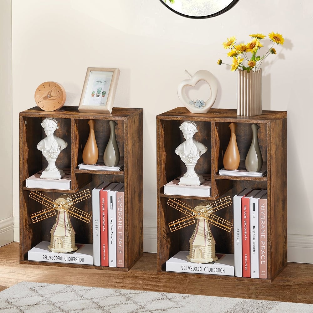 VECELO Set of 2 Cube Bookcase 3-Tier Small Bookshelf Vertical or Horizontal Space Saving Bookcase for Small Space
