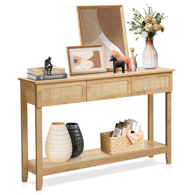 Natural Wood MDF Rattan Inspired Console Table with 3 Drawers and Shelf - 51.2 x 11.8 x 32 in