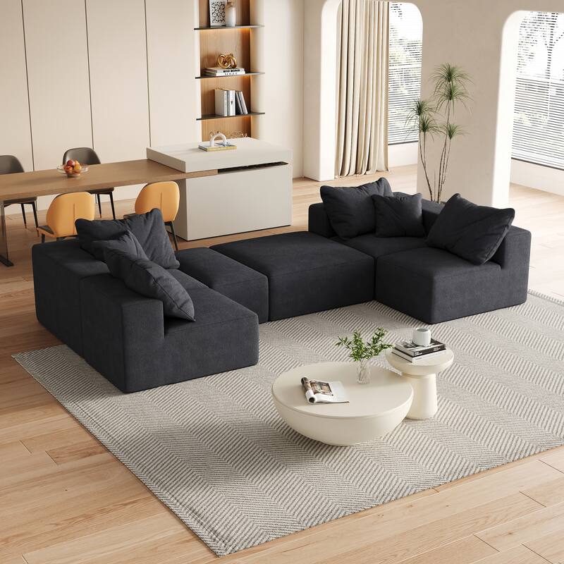 Upholstered Sectional Boneless Couch Set,Modular 132" L Shaped Sectional With 6 Pillows,Free Combination Sofa Couch